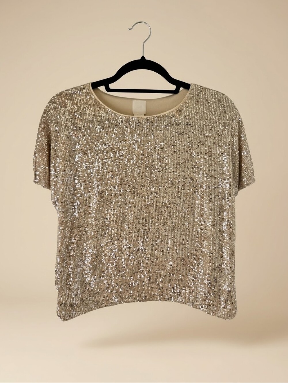H&M Champagne Gold Sequin Short Sleeve Top Size XS